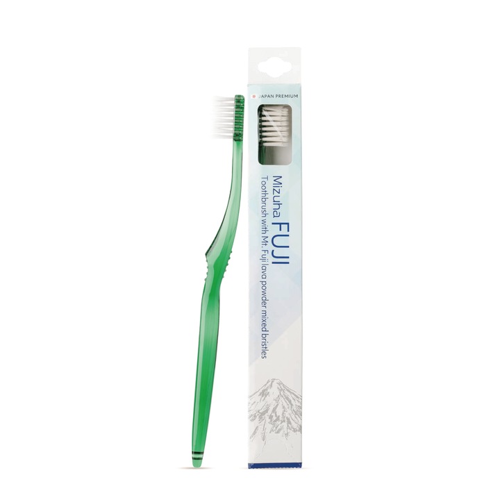 Periuta de dinti clasica Premium Fuji japoneza, folosita doar cu apa, fara pasta de dinti, cu peri moi si capat conic, verde, design ergonomic, tehnologie japoneza dentara, igiena orala natural, eco-friendly