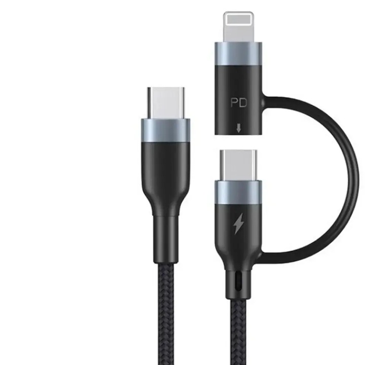 2 az 1-ben töltő- és adatkábel, USB-C – USB-C 60 W és Lightning 27 W, AHA PRINT®, gyors és hatékony töltés iPhone-hoz, Samsunghoz, táblagéphez