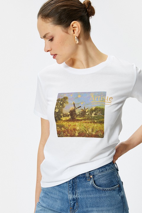 KOTON, Tricou cu imprimeu foto, Alb/Verde, S