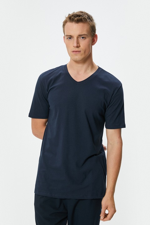 KOTON, Set de tricouri slim fit cu decolteu in V, 2 piese, Alb/Bleumarin