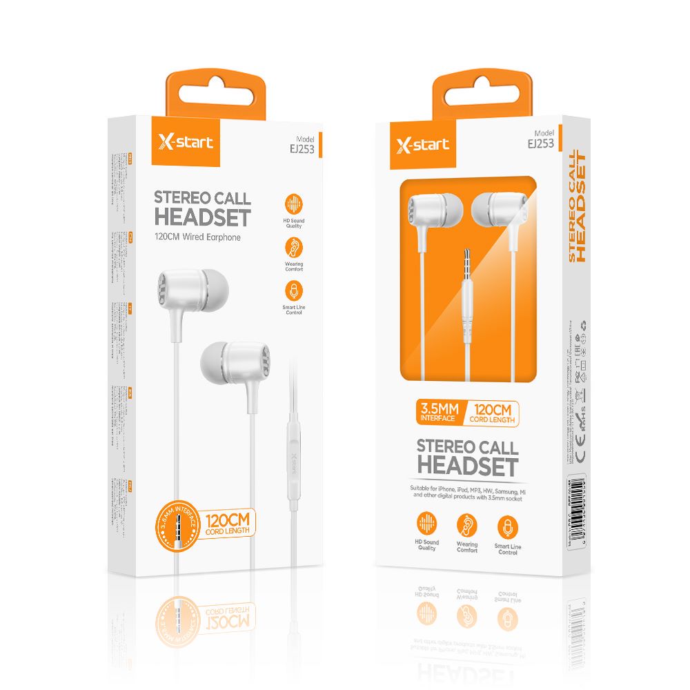 Casti cu microfon X-Start Daden EJ253, Control pe fir, Cablu 120 cm, Conector jack 3.5mm, Alb