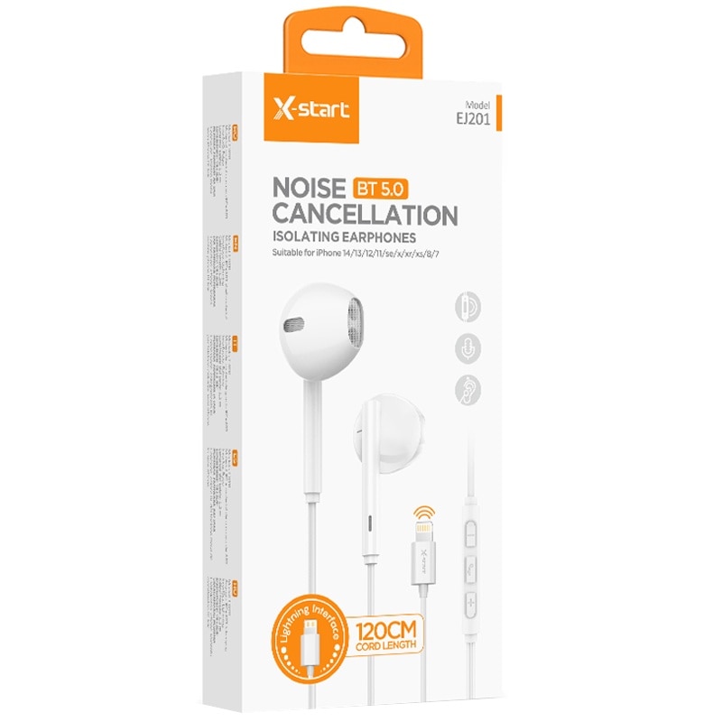 Casti cu Cablu Lightning 120cm, X-Start EJ201, Compatibile iPhone, Microfon si Control volum, Alb