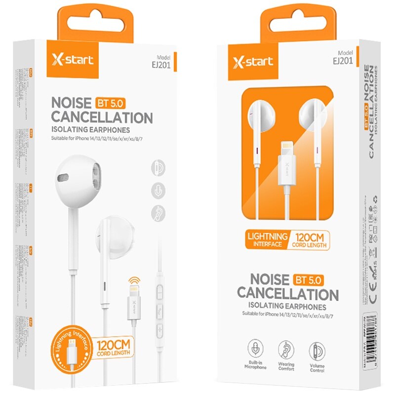 Casti cu Cablu Lightning 120cm, X-Start EJ201, Compatibile iPhone, Microfon si Control volum, Alb