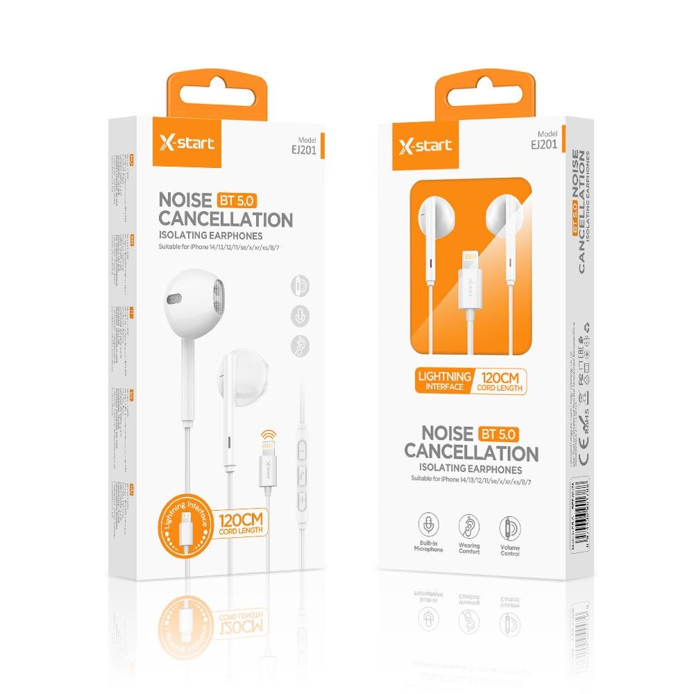 Casti cu Cablu Lightning 120cm, X-Start EJ201, Compatibile iPhone, Microfon si Control volum, Alb