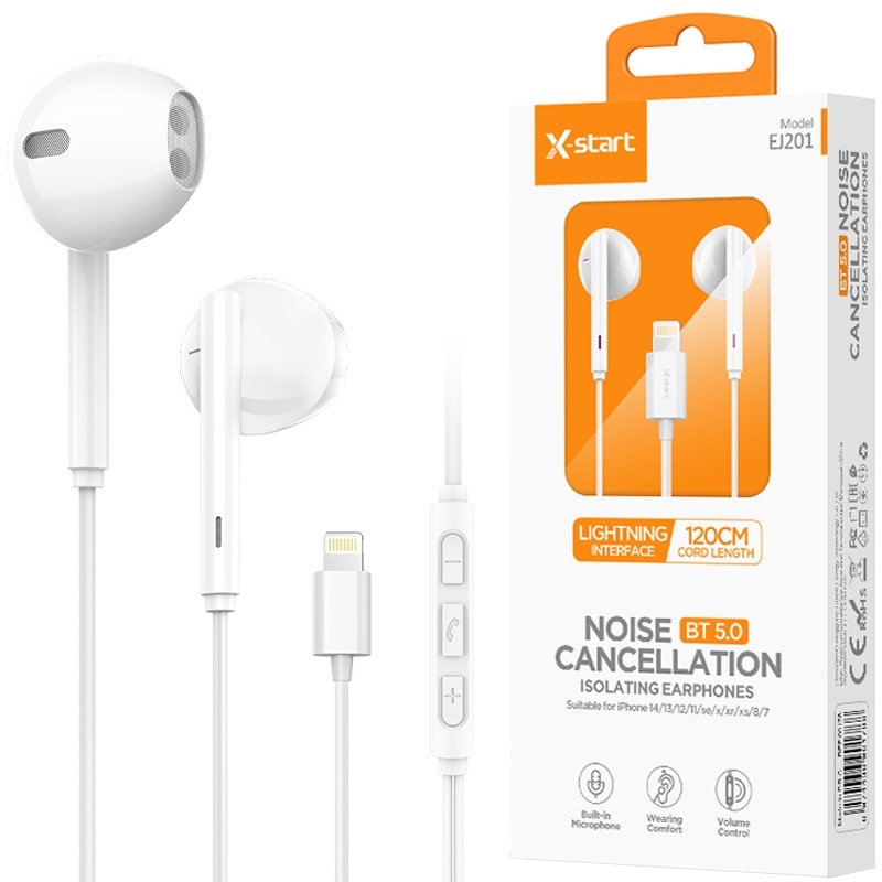 Casti cu Cablu Lightning 120cm, X-Start EJ201, Compatibile iPhone, Microfon si Control volum, Alb