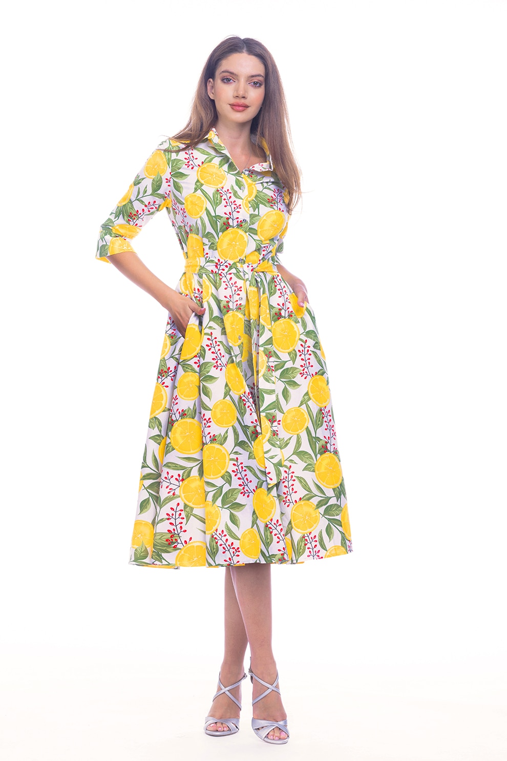 CAMISSI, Rochie-camasa evazata cu cordon in talie, Rosu, Verde, Galben, S