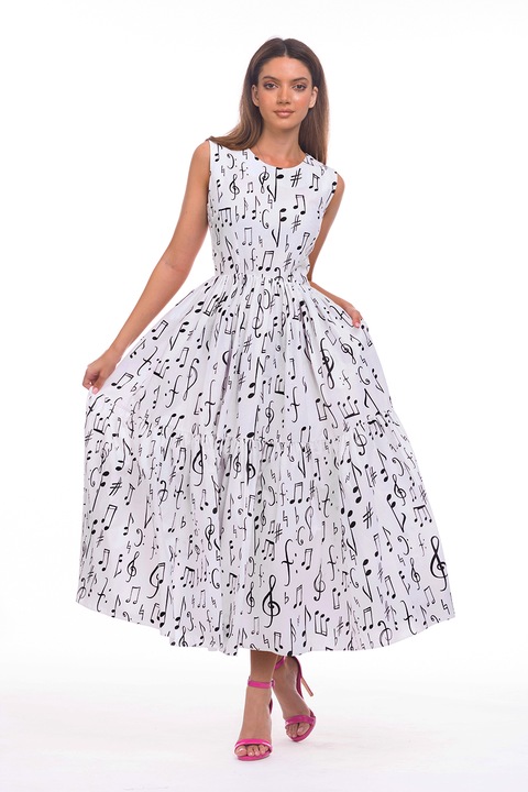 CAMISSI, Rochie evazata fara maneci cu buzunare laterale, Negru/Alb optic