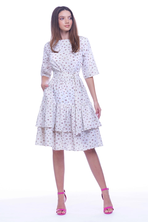 CAMISSI, Rochie evazata cu model floral si cordon in talie, Galben/Alb murdar/Roz, XL