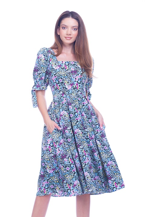 CAMISSI, Rochie cu model floral si buzunare laterale, Galben/Roz/Albastru