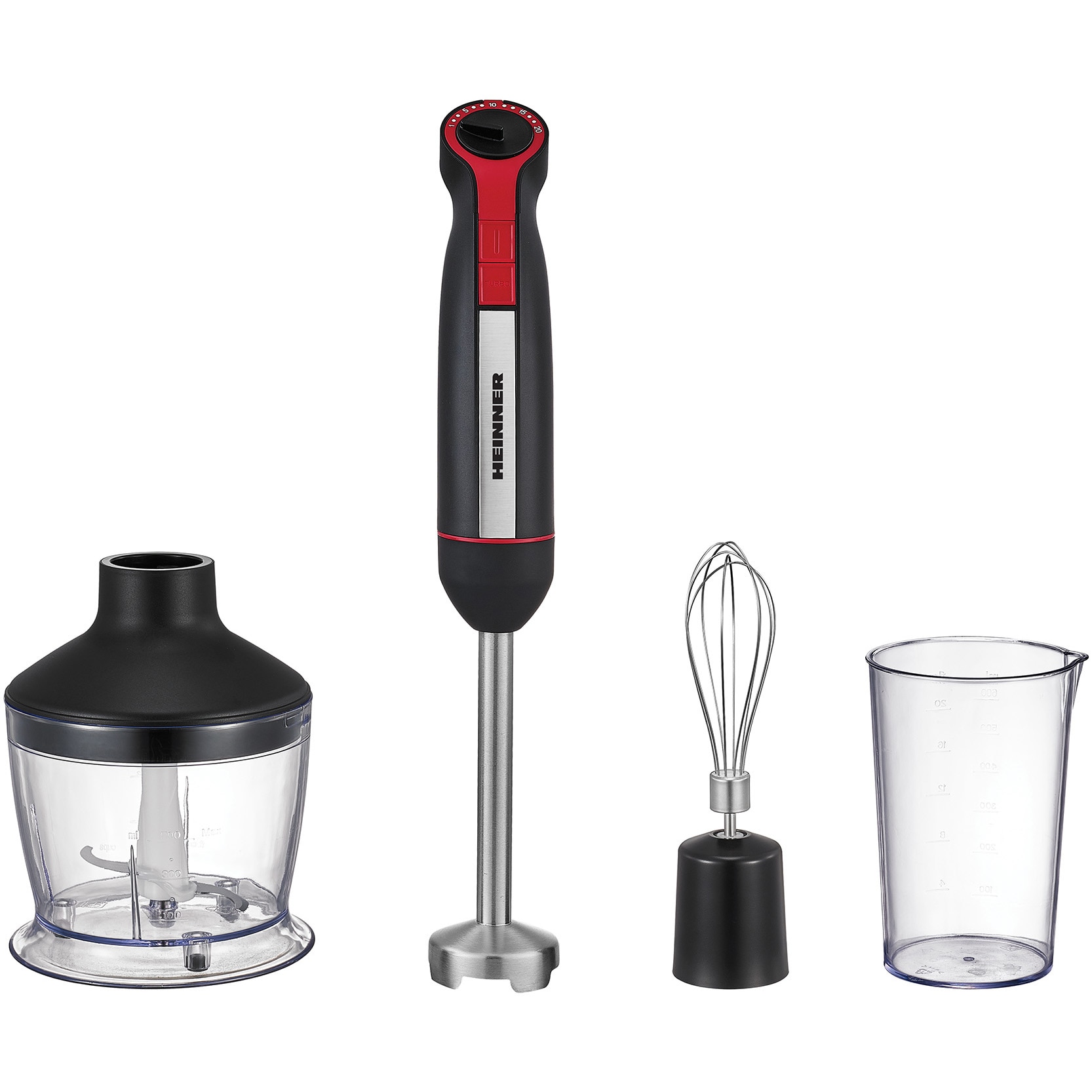 Mixer vertical Heinner HHB-DC1200BKRD, 1200 W, Motor DC, Viteza variabila + turbo, Picior blender inox, Lame inox, Accesorii: tel, tocator 500 ml, Cana mixat 600 ml, Negru/Rosu