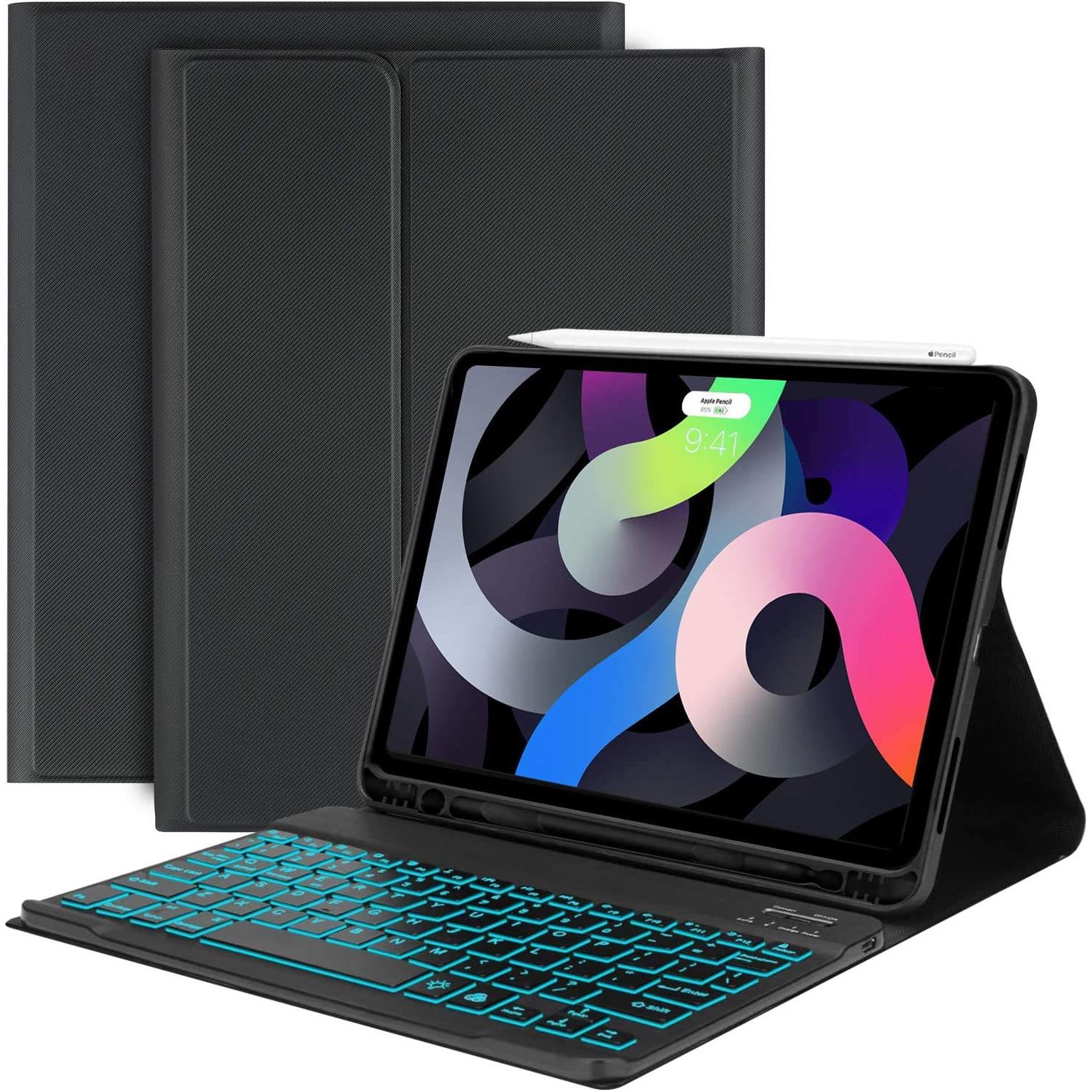 Husa pentru Apple iPad Air 11 2026 / 2025 / 2024 M4, M3, M2 cu tastatura iluminata wireless detasabila RGB 7 lights, Bluetooth, USB Type-C, functie stand, slot stylus si mouse wireless RGB iluminat LED negru