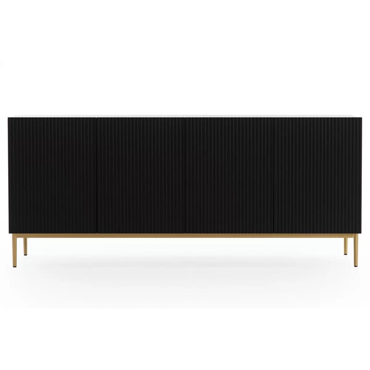 Comoda, Bogart, Nicole, Cu Patru Usi, Canelata, Cadru Metalic, 200x85x45 cm, PAL/MDF/HDF, Negru mat