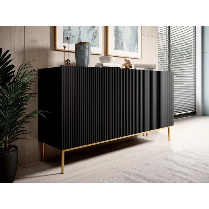 Komód, Bogart, Nicole, Hornyolt előlap, Fém lábak, 150x85x45 cm, Forgácslap/MDF/HDF, Matt fekete