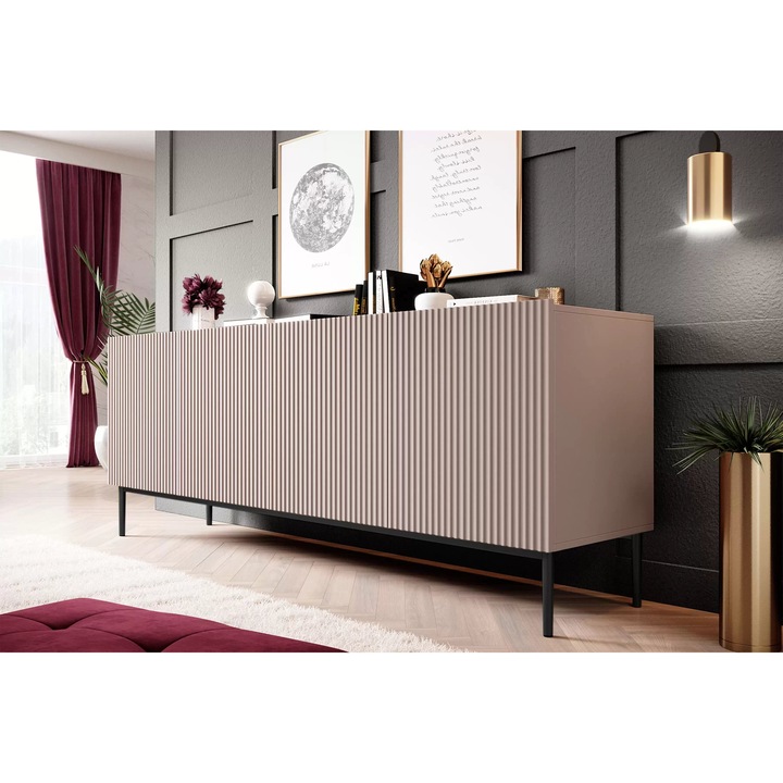 Fiókos szekrény, Bogart, Nicole, Barázdált előlap, Fém lábak, 200x85x45 cm, MDF/HDF, Púderrózsaszín