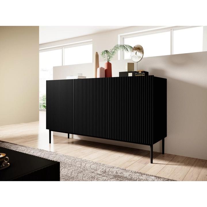 Comoda, Bogart, Nicole, Cu Trei Usi, Fata Canelata, Picioare Metalice, 150x85x45 cm, PAL/MDF/HDF, Negru mat