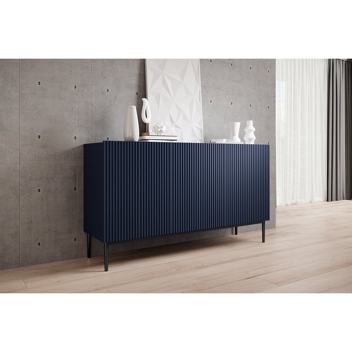 Komód, Bogart, Nicole, három ajtóval, Barázdált előlap, fém lábak, 150x85x45 cm, MDF/HDF, sötétkék