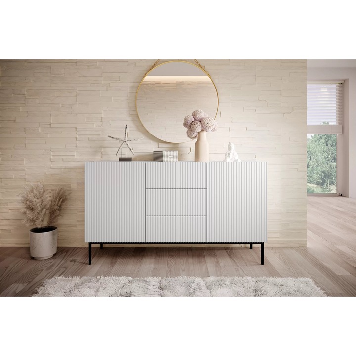 Comoda, Bogart, Nicole, Cu Doua Usi, Cu Sertare, Picioare Metalice, 150x85x45 cm, PAL/MDF/HDF, Alb mat