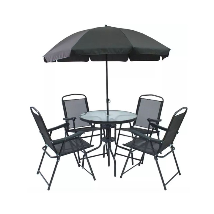 Set mobilier terasa si gradina negru cu masa, 4 scaune si umbrela, Umbrela Φ164Χ180 Scaune 53X62X88 Masa Φ75X70