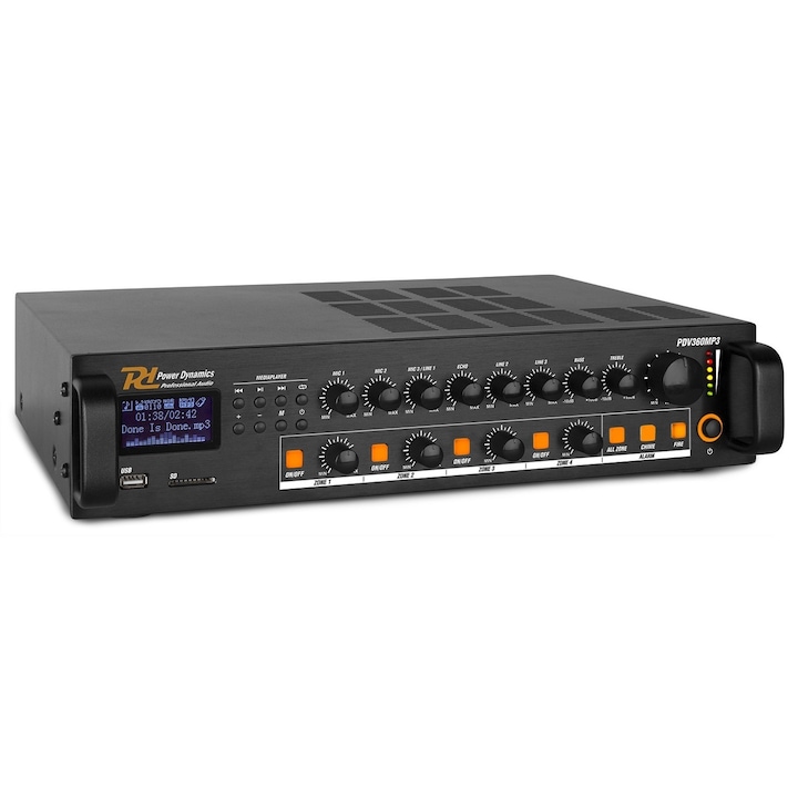 Усилвател 100V Power Dynamics PDV360MP3, с 4 зони, 360W, Bluetooth, USB, SD, FM