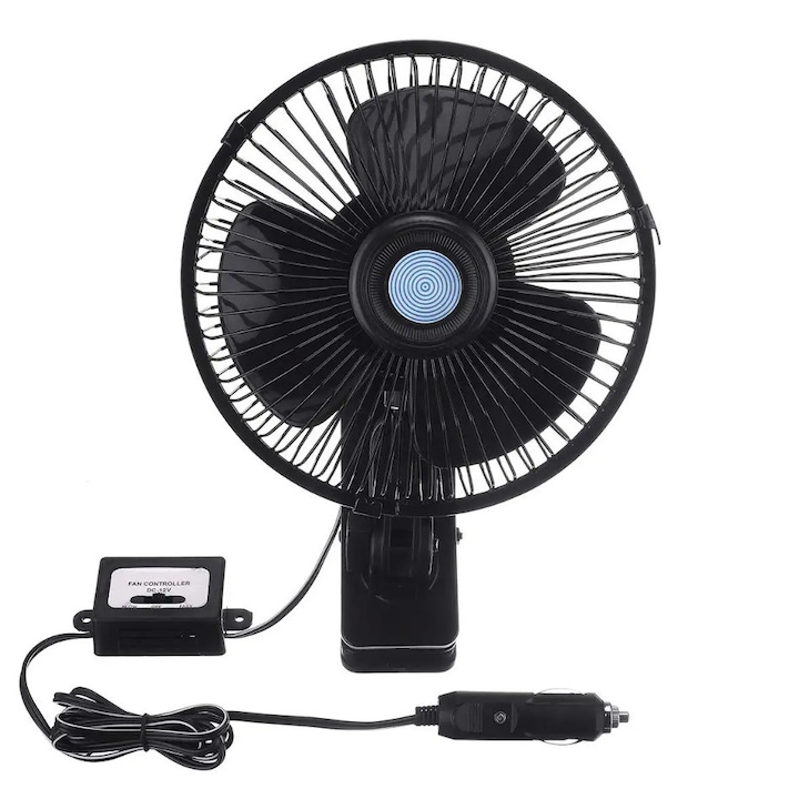 Вентилатор за кола със студен въздух, Zola, 12V, дължина на кабела 1,2 м, зареждане от запалка, 2 скоростни режима, щипка, регулируем ъгъл, черен