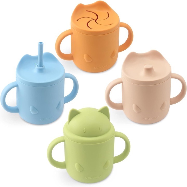 Cani de invatare pentru copii LQMBABY, Set de 4, Silicon, rezistente la scurgeri, manere practice, 237 ml, Multicolor