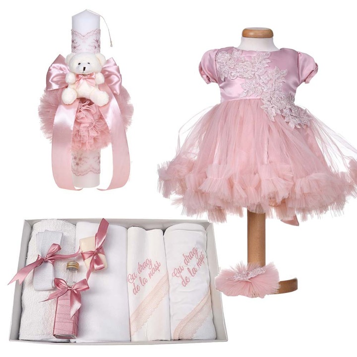 Set botez pentru fetite 3 - 6 luni, trusou botez cu mesaj, lumanare botez cu ursulet si rochita maneca scurta, 2 piese, decor roz pudra, Denikos® 10-08