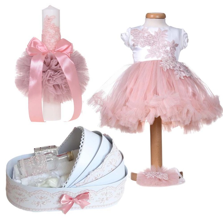 Set botez fetita 9 - 12 luni, trusou botez in landou, lumanare botez cu dantela si rochita botez maneca scurta, 2 piese, decor alb, roz pudra, Denikos® 10-72