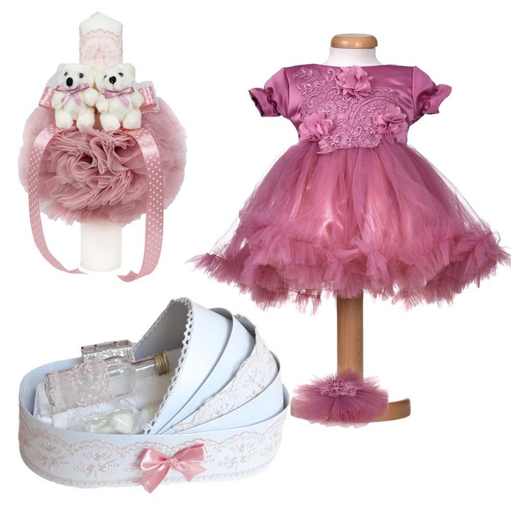 Set lumanare botez ursuleti 6 - 9 luni, trusou botez biserica in landou si rochita botez maneca scurta, 2 piese, decor roz pudrat inchis, Denikos® 10-75