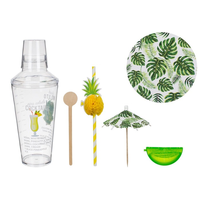 Set pentru cocktailuri Shopiens®, cu un shaker transparent si 25 de accesorii, model frunze tropicale