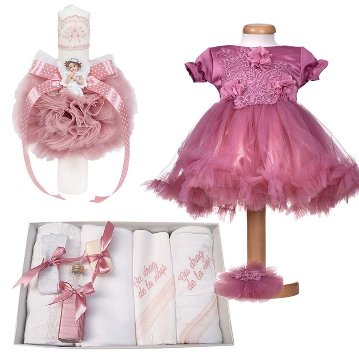 Set botez fetita 3 - 6 luni, trusou botez cu mesaj, lumanare botez tul si ingeras si rochita maneca scurta, 2 piese, decor roz pudrat inchis, Denikos® 10-21