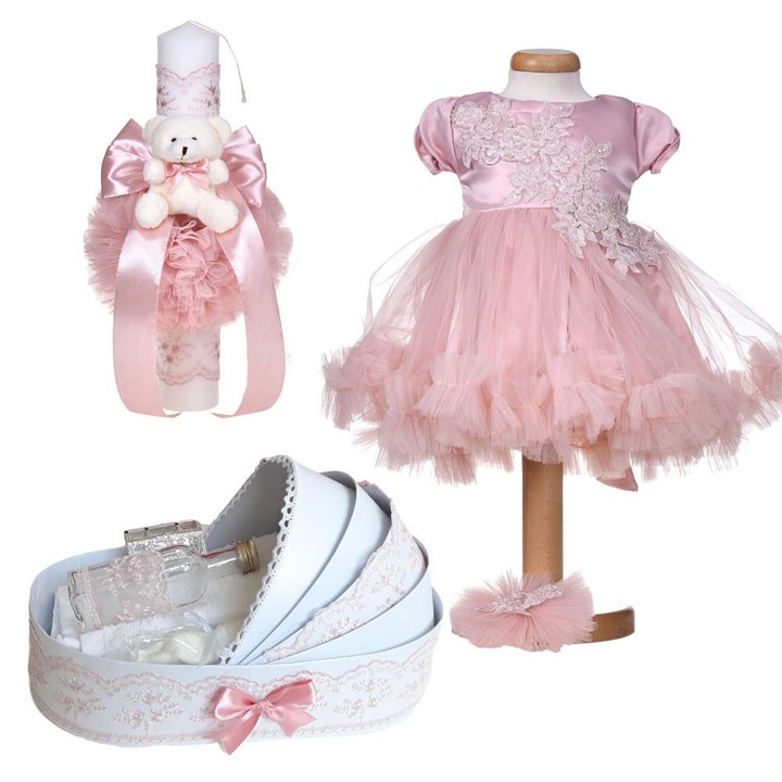 Set botez fetita 3 - 6 luni, trusou botez in landou, lumanare botez cu ursulet si rochita botez maneca scurta, 2 piese, decor roz pudra, Denikos® 10-78