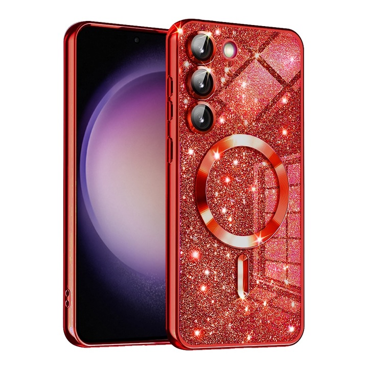 Луксозен защитен калъф за телефон с блясък MagSafe UIQ за Samsung Galaxy S23, жив дизайн, прецизни изрези, червен