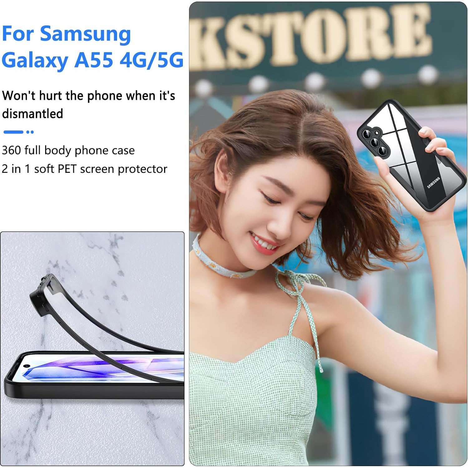 Pachet 360: Husa cu folie integrata pentru Samsung Galaxy A55 5G Cover360 fata spate - negru / transparent