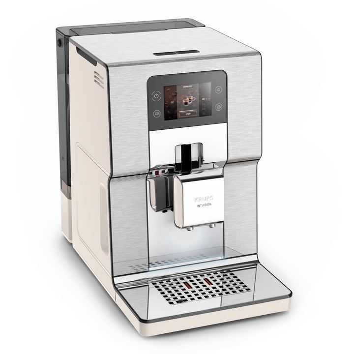 Krups Intuition Experience+ EA877A10 automata eszpresszógép, 1550 W, 15 rúd, több mint 20 recept, 3 hőmérséklet-beállítás, 3 literes víztartály, automatikus tisztítás, érintőképernyős interfész, Milk Advanced Technology, elefántcsont