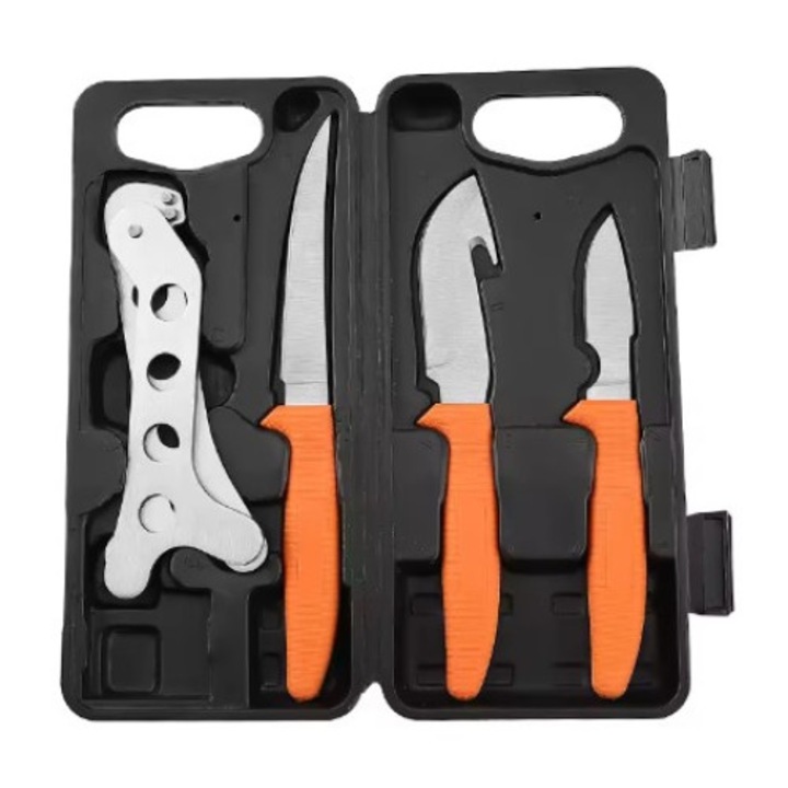 Set cutite multifunctionale 4 piese din inox alimentar - robuste si durabile cu maner aderent pentru priza sigura, recomandate pentru vanatori, transare si eviscerare