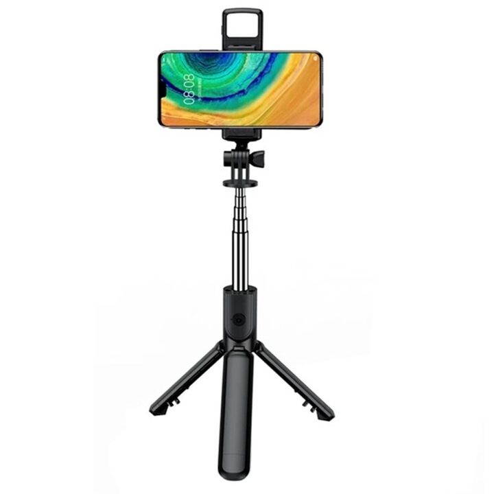 Selfie Stick távirányítóval, Optim Solution, Állvány LED-del, Bluetooth távirányító, Hordozható, 360°-ban elforgatható kialakítás, Töltőlámpa, Kihúzható, Stabil rögzítés, Korrózióálló, Prémium alumíniumötvözet, 67 cm, Fekete