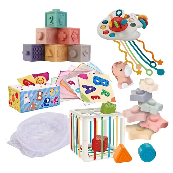 Комплект образователни играчки Giftry, пакет 6 в 1, 34 части, сензорно развитие, никнене на зъбки, за бебета и деца, 6 месеца+, Многоцветен