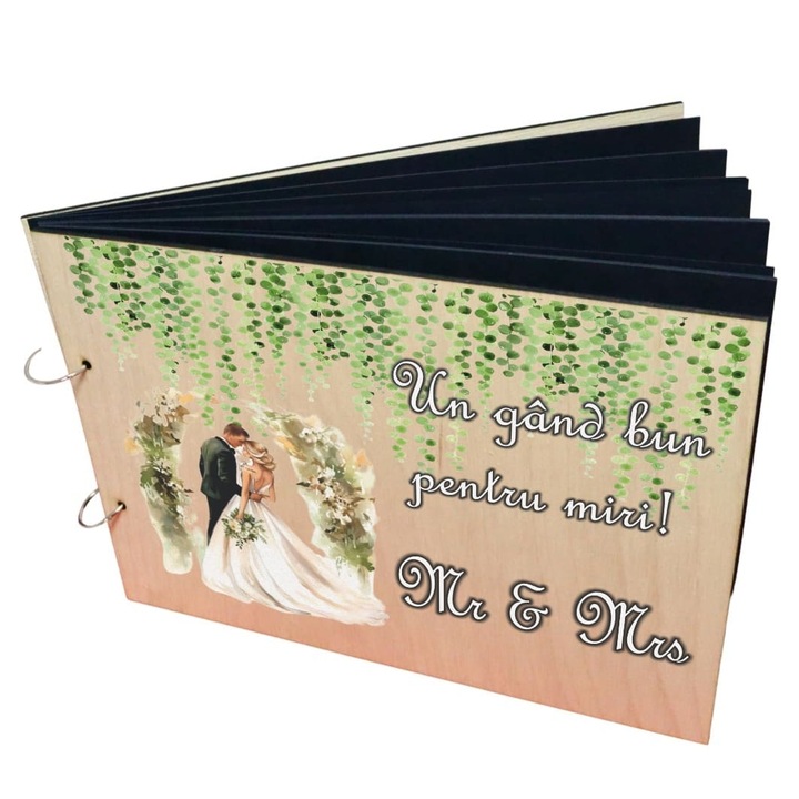 Album Foto Coperta Lemn, Guest Book, Nunta, Verde, Foi Negre, 21×30 cm CANUV016