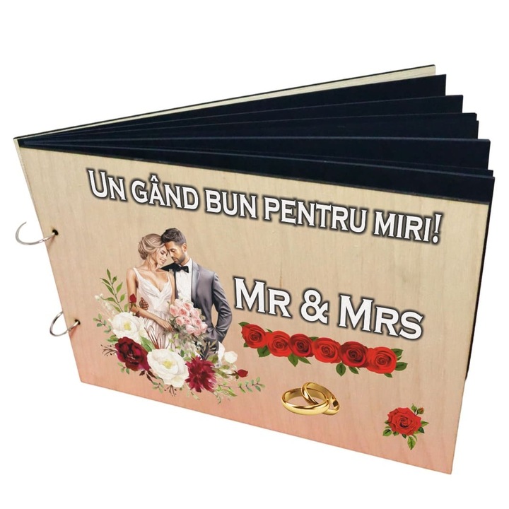 Album Foto Coperta Lemn, Guest Book, Nunta, Rosu, Foi Negre, 21×30 cm CANUV010
