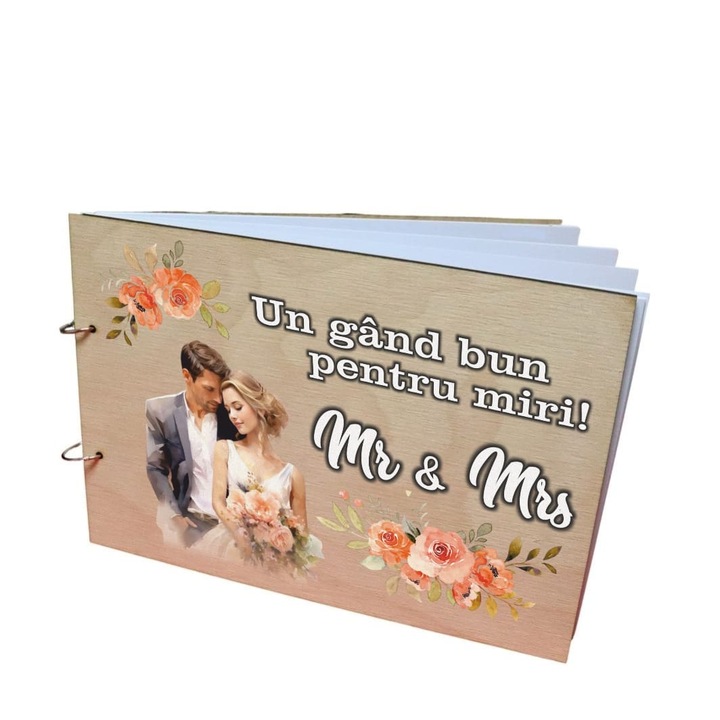Album Foto Coperta Lemn, Guest Book, Nunta, Piersica, Foi Albe, 21×30 cm CANUV014