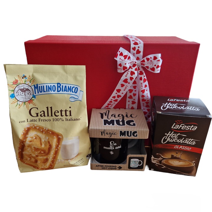 Cadou aniversar cu cana termosensibila"La Multi Ani", biscuiti Mulino Bianco, ciocolata calda, ambalaj decorativ