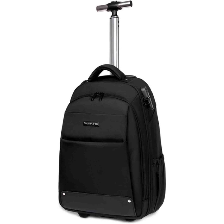 Rucsac tip troler, Quasar & Co.®, model Falcon, cu roti, compartiment laptop, buzunare, tesatura oxford/piele ecologica, negru