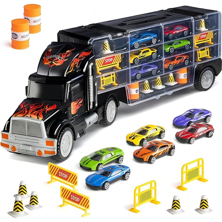 Set camion trailer de jucarie pentru transport masinute de curse, Serie de curse, Include 7 Masini si Semne de Avertizare, valiza, scara 1:22, Multicolor