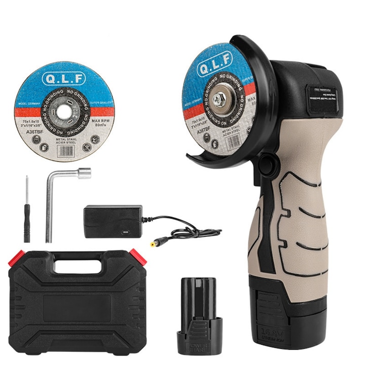 Polizor unghiular fara fir, GOSTOCK®, 7000 RPM, 16.8V, 1 acumulator, Incarcator, Soft start, Autonomie mare, Design modern, Negru/Gri