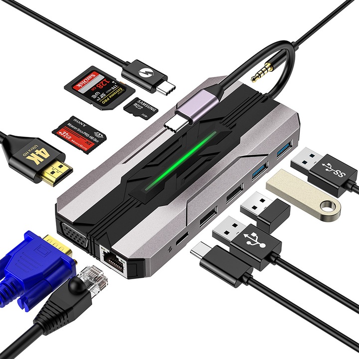 Хъб адаптер Multiport 13 в 1 DAMAIU, HDMI 4K, VGA, LAN RJ45 Ethernet, USB 3.0, USB 2.0, Type C Data Port, PD Port 100W, TF SD Card Reader, Jack Audio, Multi Screen mode, Docking Station for Laptop, MacBook Air/Pro, Chromebook, таблет, смартфон, сив