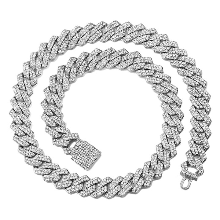 Colier barbati, SINBINTA, Stil cubanez, Cu cristale de Zirconiu, Nu este usor de oxidat si estompeaza, Hipoalergenic, Usor de purtat, Rezistent la deformare, Bijuterii hip hop, Aliaj, 50cmx14mm, Argintiu