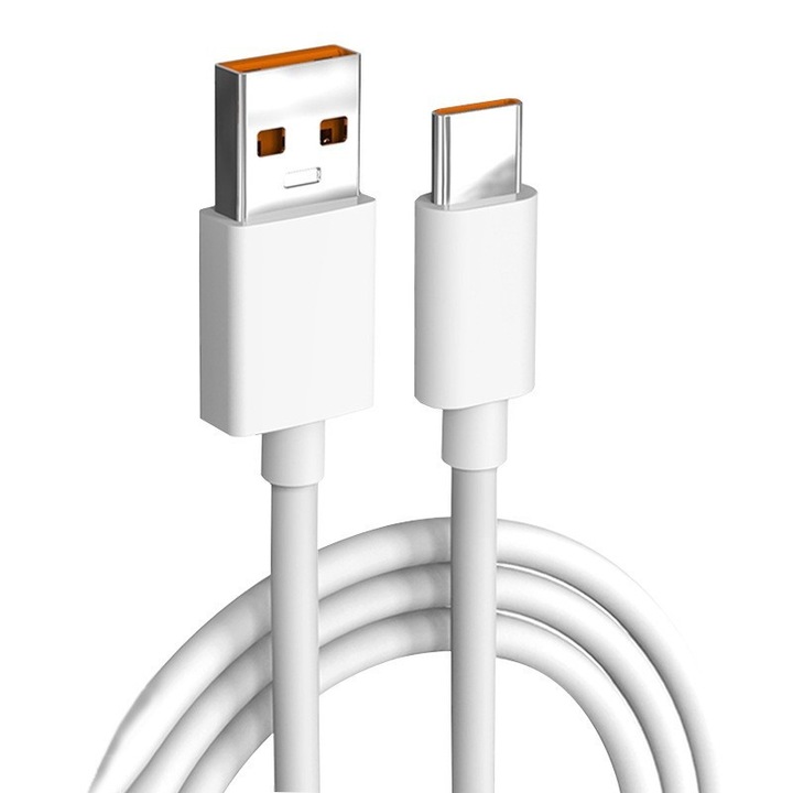 Кабел за данни и бързо зареждане 6A, AHA PRINT, за Huawei, Samsung, Xiaomi, Oppo, PREMIUM, USB-to-USB-C, Type C, 2 м, бял оранжев