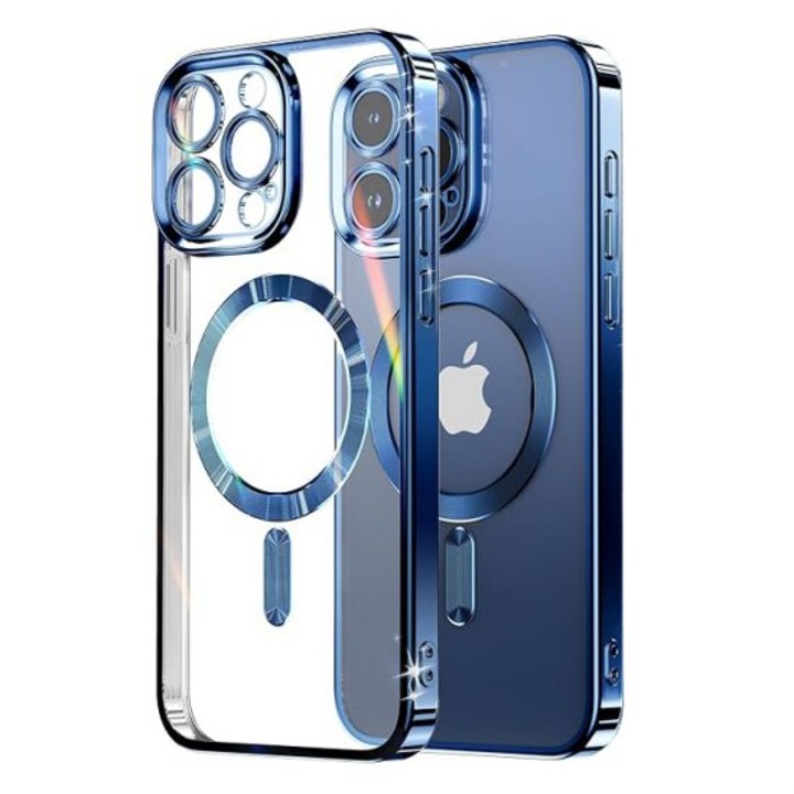 Husa tip MagSafe compatibila cu Apple iPhone 15 Pro Max Margini electroplacate, Atasare magnetica, Bumper compatibil cu incarcarea wireless MagSafe, Albastru