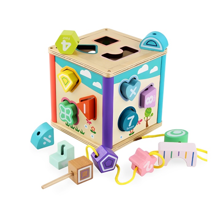 Монтесори кубче, усукано и нанизано, дърво, многоцветно, 15 x 15 x 15 см, 18 части