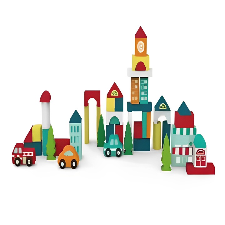 Комплект строителни кубчета, Onore, многоцветни, дърво, 18 x 16 x 20 cm, 50 части